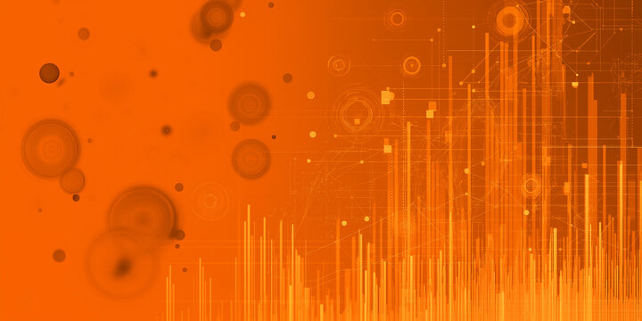 Abstract digital background with orange hues features data analysis elements like graphs and circular patterns, conveying sense of advanced technology and innovation