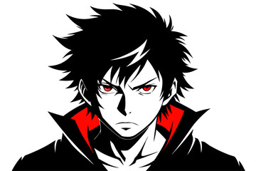 
Minimalist black and white vector illustration of an anime boy silhouette with messy hair and sharp features. Perfect for manga, anime artwork, character design, digital art, graphic design projects,