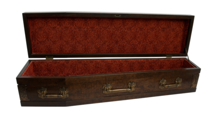 Ornate open wooden coffin with plush red velvet interior perfect for gothic themes or theatrical props with a vintage, somber feel