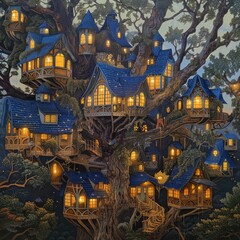 Twilight Treetop Village Illuminated houses nestled in a giant tree, serene forest background, fantasy illustration for children's book