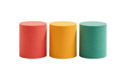 Trendy studio shot of vibrant orange, green and coral cylinders perfect for product displays or adding a pop of modern color to your design projects