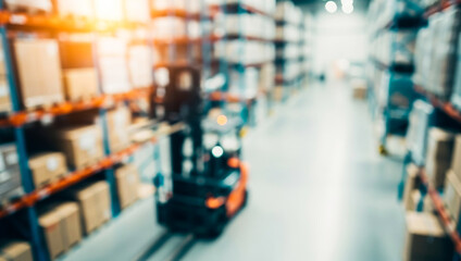 Fototapeta premium Blurred warehouse interior with shelves stacked with boxes and a forklift, showing motion and activity within a busy distribution space filled with storage and industrial design.