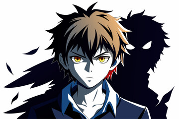 
Minimalist black and white vector illustration of an anime boy silhouette with messy hair and sharp features. Perfect for manga, anime artwork, character design, digital art, graphic design projects,