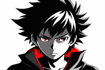 
Minimalist black and white vector illustration of an anime boy silhouette with messy hair and sharp features. Perfect for manga, anime artwork, character design, digital art, graphic design projects,