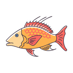 Stylized golden fish with red accents and a blue eye illustration