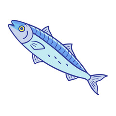 Cartoon blue fish illustration with detailed fins and a happy face
