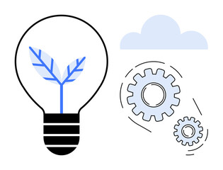 Light bulb with sprouting plant inside, gears in motion, and cloud. Ideal for sustainability, innovation, eco-tech, renewable energy, progress creativity teamwork. Modern and simple flat metaphor