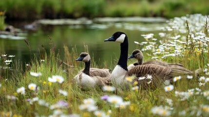 Obraz premium Canada geese family by pond