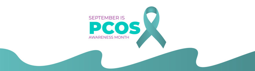 Polycystic Ovary Syndrome (PCOS) Awareness Month is observed every year in September. Teal awareness ribbon and uterus icon. Template for background, banner, card. Important day. Vector illustration