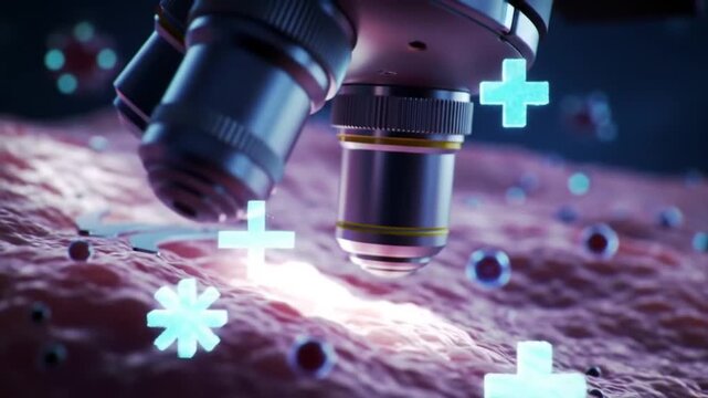 Microscope analyzing cells with plus signs representing medical research and science