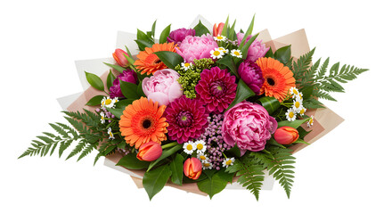 Obraz premium Bright mixed flower bouquet with pink peonies, orange gerberas, and purple chrysanthemums perfect for gifts, weddings, and special occasions