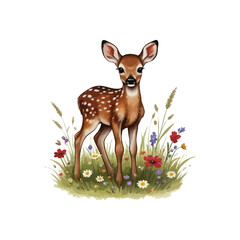 Sweet Fawn Among Wildflowers. This charming illustration features a young deer in a vibrant patch of blossoms, embodying innocence and a gentle spirit. Ideal for nature-inspired designs.