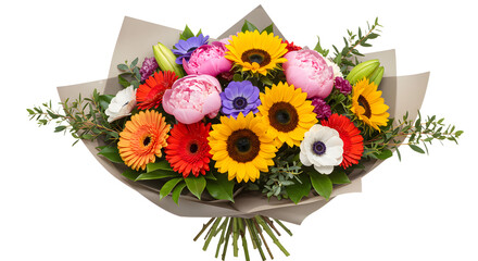 Obraz premium Colorful bouquet of mixed flowers including sunflowers, peonies, gerbera daisies, and anemones wrapped in brown paper, perfect for gifts and celebrations