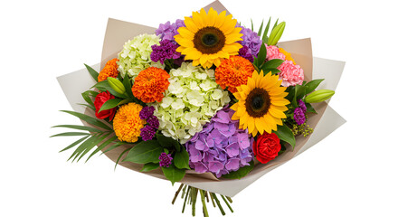 Obraz premium Colorful bouquet of sunflowers, hydrangeas, and marigolds arranged in brown paper, perfect for gifts and special occasions