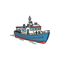 Obraz premium Illustrated Sea Vessel Graphic. Stylized ocean boat with passengers, conveying voyages, adventure, and the spirit of exploration. Ideal for travel or water-themed designs.