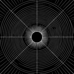 Concentric circles and radiating lines create a striking abstract design in black and white art style image