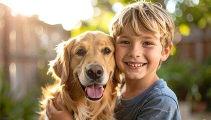 Boy and Dog Hugging Outdoors in Sunlight