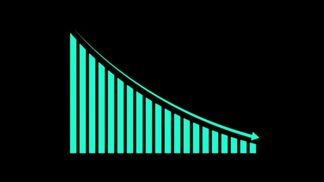 Animated arrow growth down graph icon on background Market Recovery Concept. ,Bar graph fall down with arrow. Animated down graph icon design in flat icon style.