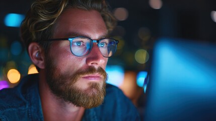 Medium shot with focused view of a tech worker wearing bluelight blocking glasses blurred computer screen and office hint at healthconscious tech workflow.