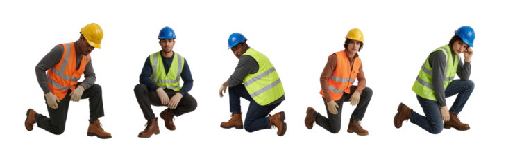 Diverse construction workers kneeling in safety vests and hard hats, showcasing teamwork and dedication on construction sites or industrial projects