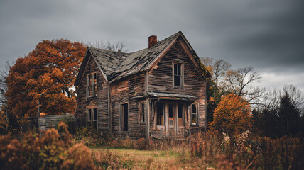Obraz premium Abandoned house with broken windows, eerie Halloween atmosphere