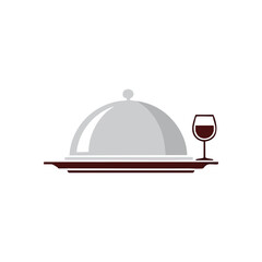 Elegant Dining Service with Wine. Vector art featuring a food cover, tray, and a glass of red beverage. Symbolizes sophisticated hospitality and gourmet cuisine.