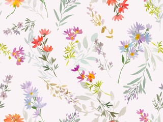 Watercolor Seamless Floral Pattern with Abstract Hand-painted wild flowers. Autumn Floral textile design for fabric and stationary. Botanical wallpaper.

