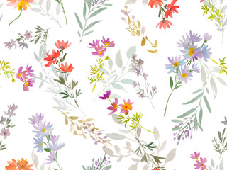 Watercolor Seamless Floral Pattern with Abstract Hand-painted wild flowers. Autumn Floral textile design for fabric and stationary. Botanical wallpaper on a transparent background.