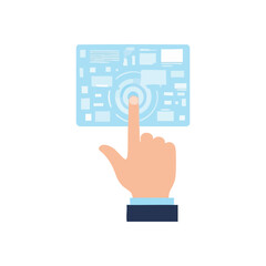 Holographic Interface Touch. A human finger activates an advanced transparent display, symbolizing futuristic concepts, digital innovation, and intuitive interaction.