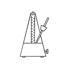 Music Metronome Icon. A simple white outline illustration of a classic timekeeper. This iconic instrument embodies steady beat, training, and the fundamentals of musical accuracy.