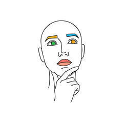 Thinking Mind Abstract Portrait. Conceptual art of deep contemplation and varied perspectives. Minimalist figure features distinct colorful eyes, symbolizing intelligence and future ideas.