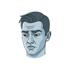Worried Man Cartoon Face Illustration. Stylized depiction of a male visage, portraying deep concern or distress. His furrowed brows and pensive expression symbolize contemplation and worry.