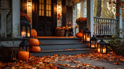Obraz premium Front porch decorated with pumpkins and lanterns