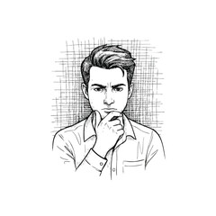 Pensive Man Drawing. An illustration depicting a young male with furrowed brows, hand on chin, reflecting on a complex issue. Represents strategic thinking or a moment of profound introspection.