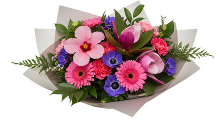 Obraz premium Colorful bouquet of assorted fresh flowers with pink gerbera daisies, hibiscus, and purple blossoms perfect for gifts and special occasions