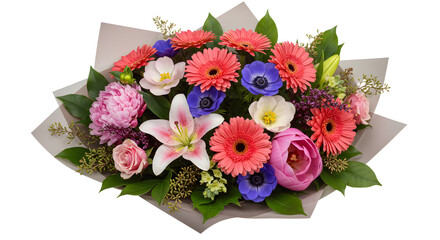 Obraz premium Colorful bouquet of mixed flowers including lilies, roses, gerbera daisies, and anemones on a clear background, perfect for gift giving and celebrations