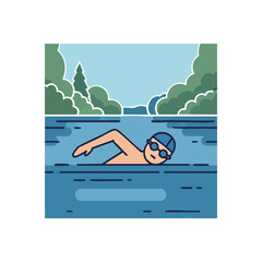 Athlete Gliding Through Lake. A vibrant graphic portraying a person enjoying refreshing aquatic exercise in serene natural surroundings. It symbolizes wellness and calm.