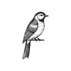 Classic Avian Perch Monochrome Sketch. Elegant grayscale depiction of a small winged creature settled on a branch. This simple, timeless artwork evokes tranquility and natural harmony.
