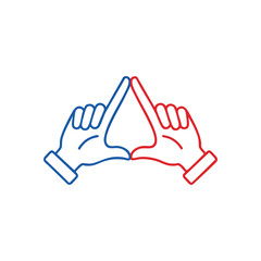 Collaborative Peak Design. A striking graphic with a blue outlined hand and a crimson one, precisely forming a sharp upward-pointing pyramid. It conveys unity, synergy, and mutual progress.