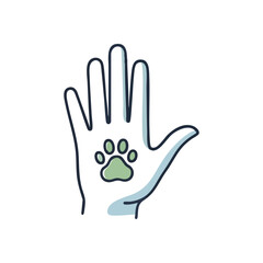 Human Hand and Animal Paw Print. This doodle icon illustrates the profound connection between people and creatures, symbolizing compassion, rescue, and pet companionship.