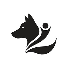 Powerful Canine Agile Form Icon. This minimalist dark silhouette features a dog profile elegantly fused with an active person, symbolizing strength, loyalty, and motion. It evokes spirit.