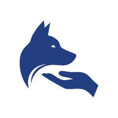 Loyal Companion Hand Symbol. Graceful blue icon depicting a dog's profile nestled in a human hand. Symbolizes care, rescue, and the profound bond connecting people with their animal friends.