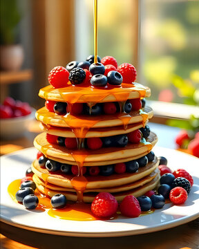 Stack of pancakes with dripping honey and fresh berries in warm morning sunlight, rustic breakfast concept