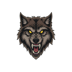 Aggressive Wolf Head Growling Mascot. A detailed illustration of a powerful canine with intense golden eyes and bared teeth. This snarling creature symbolizes untamed strength and protection.