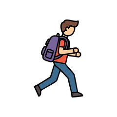 Youthful Walker with Backpack. This vibrant flat design depicts a young person carrying a satchel. It symbolizes learning, exploration, and life's forward progression, perfect for educational.