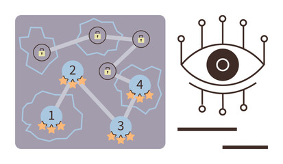 Numbered nodes connected within a network, padlocked for security, paired with an abstract eye symbol. Ideal for cybersecurity, data protection, blockchain, surveillance, network analysis, digital