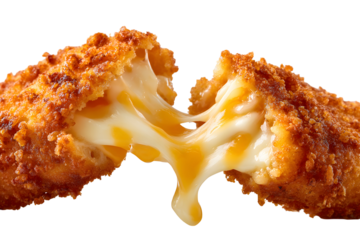 Hands pulling apart a crispy fried cheese bite for a massive, gooey cheese pull. An irresistible and decadent isolated appetizer shot, perfect for social media.
