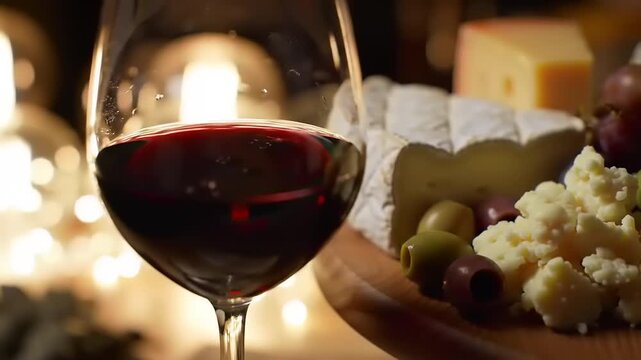 Red Wine with Cheese, Olives, and Fireplace.