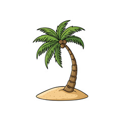 Fototapeta premium Vibrant Island Palm Artwork. This delightful cartoon depiction of a coconut tree on a small sandy mound symbolizes escape and serene summer holidays. Perfect for vacation themes.