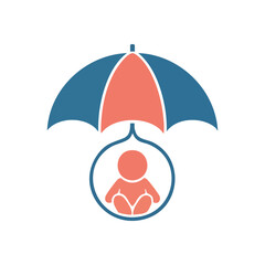 Child Protection Umbrella Icon. This graphic image features a young child under a protective parasol. It denotes safeguarding and well-being for infants, conveying parental care and health assurance.